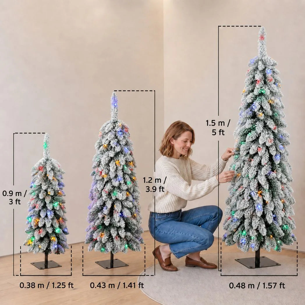 HOMCOM Set of 3 Snowy Pre-Lit Pencil Christmas Trees, 90, 120 and 150 cm, Multicolour Lights