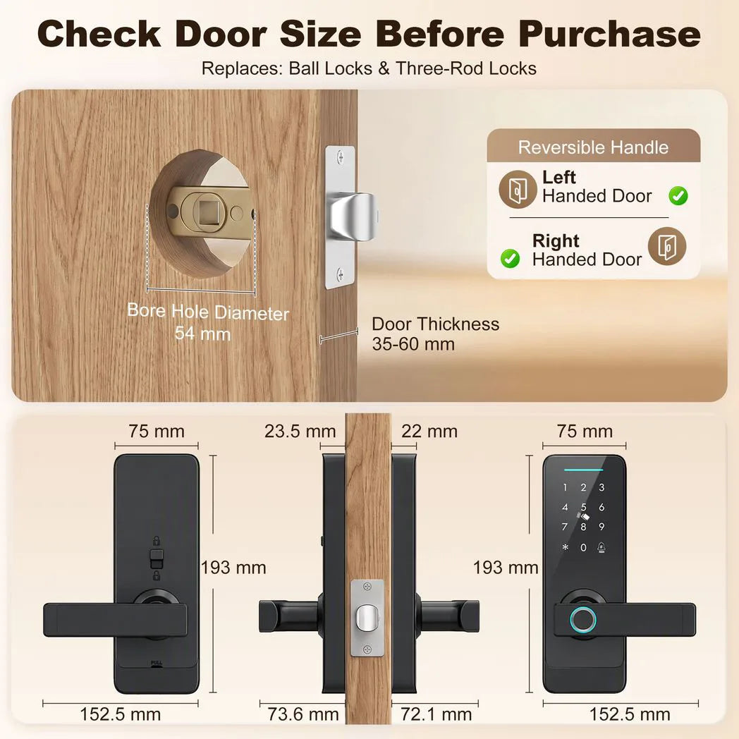 HOMCOM 5-in-1 Smart Door Lock with Fingerprint, Passcode, App and NFC Card – Keyless Entry, Doorbell