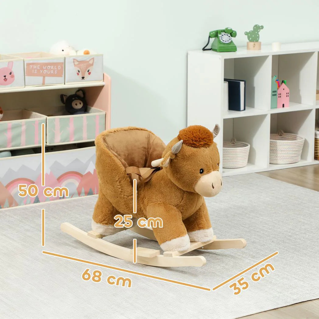 AIYAPLAY Baby Rocking Horse with Safety Belt and Wooden Base – Cow Animal Rocker for Children, Brown