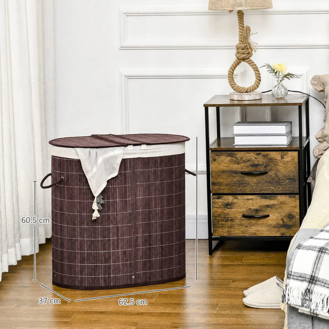 HOMCOM 100L Bamboo Laundry Basket with Lid, 2 Compartments & Removable Liner – Washing Hamper, Brown