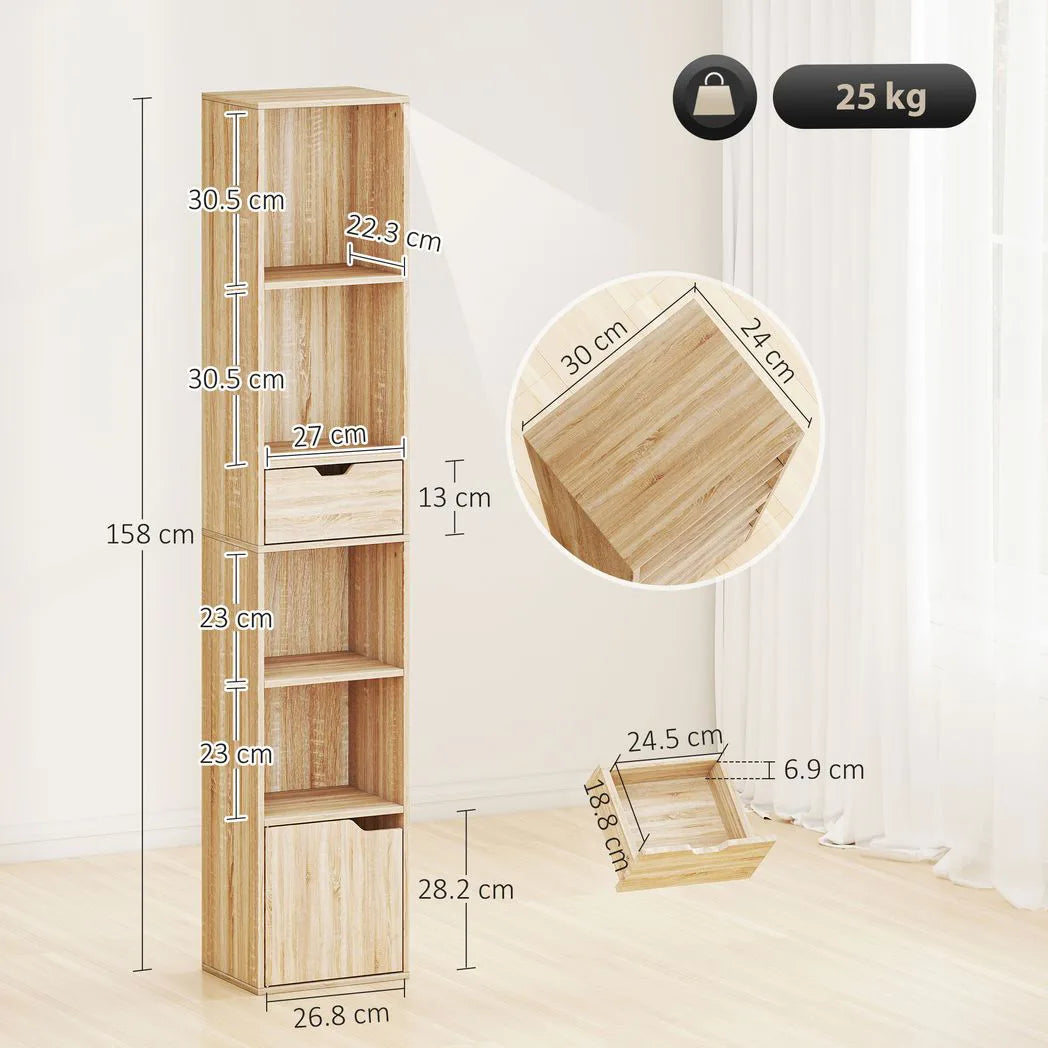 HOMCOM 6-Tier Tall Narrow Bookcase with Drawer, Cupboard and Anti-Tip Kit – Natural Wood Finish