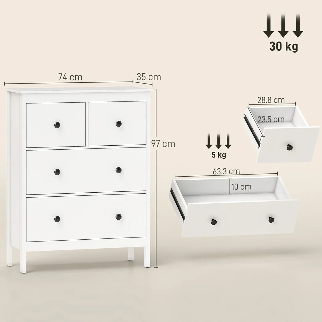 HOMCOM Modern 4-Drawer Chest of Drawers with Anti-Tip Straps – Clothes Storage Dresser for Bedroom, Hallway, White