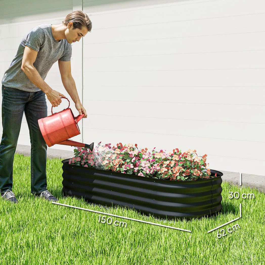 Outsunny Galvanised Steel Raised Garden Bed with Safety Edging, 150 x 62cm – Flowers and Herbs, Black