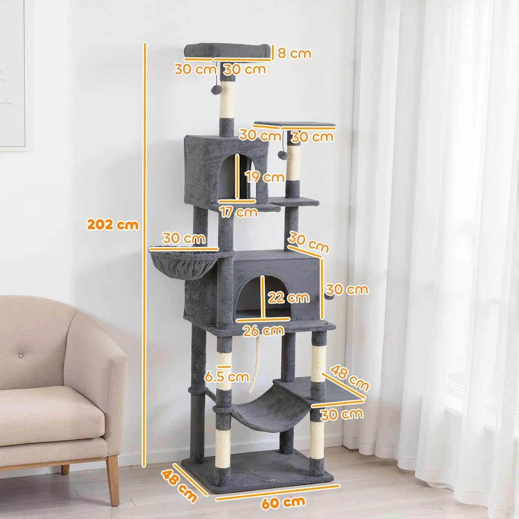 PawHut 202cm Large Cat Tree with 6 Scratching Posts, 2 Hammocks, 2 Condos – Indoor Cat Tower