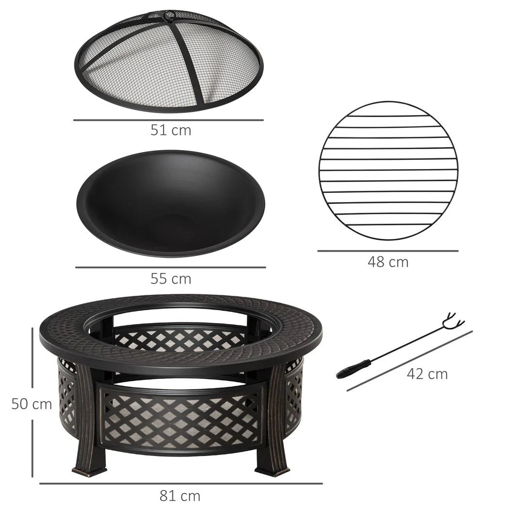 Outsunny 2-in-1 Outdoor Fire Pit with Grill Net, Mesh Lid and Poker – Camping and Bonfire, Bronze Tone