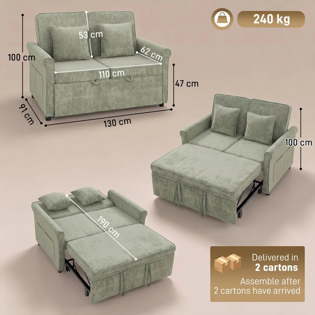 HOMCOM 2 Seater Sofa Bed, 3-in-1 Convertible Chenille Sleeper Sofa with 5-Position Backrest – Light Green