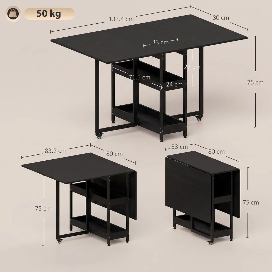 HOMCOM Drop Leaf Dining Table for 2–4 People with Open Shelves and Wheels – Folding Kitchen Table, Black