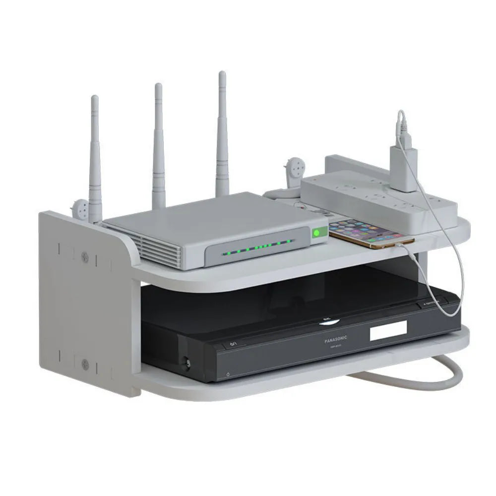 Wall-Mounted Double-Layer Router Storage Shelf – Floating Rack for TV Box, DVD and Game Console, White