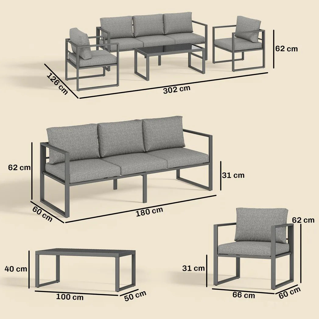 Outsunny 4 Piece Garden Furniture Set with 3-Seater Sofa, 2 Armchairs & Glass Coffee Table – Aluminium Patio Lounge