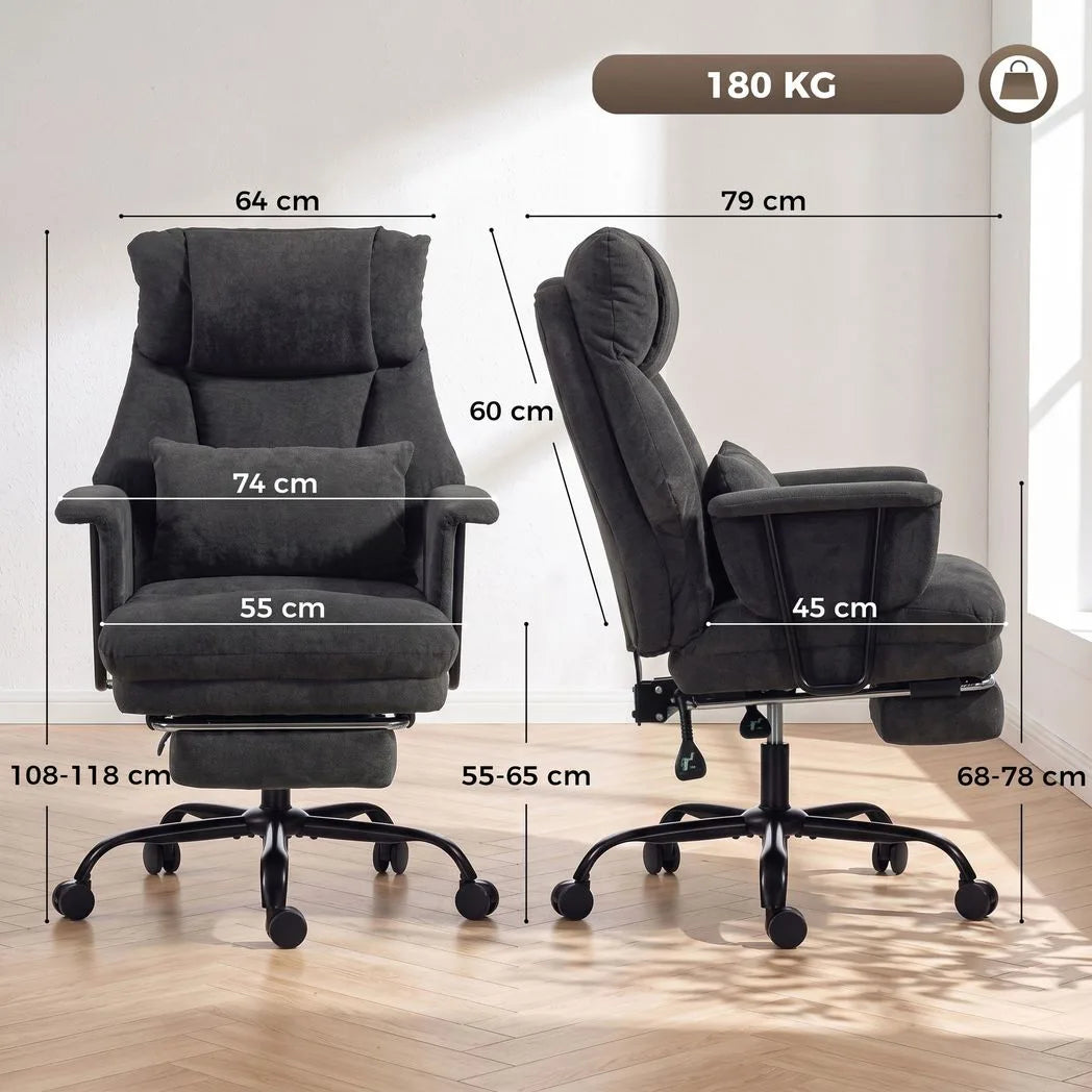 HOMCOM Heavy Duty Office Chair with Lumbar Support, Spring Cushion and Footrest, 180kg – Reclining Linen Desk Chair, Black