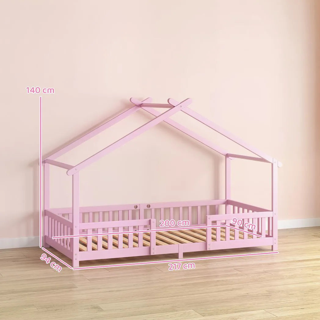 AIYAPLAY Wooden House Kids Single Bed with Dual Guardrails – Solid Pine, Pink, Fits 90 x 200 cm Mattress