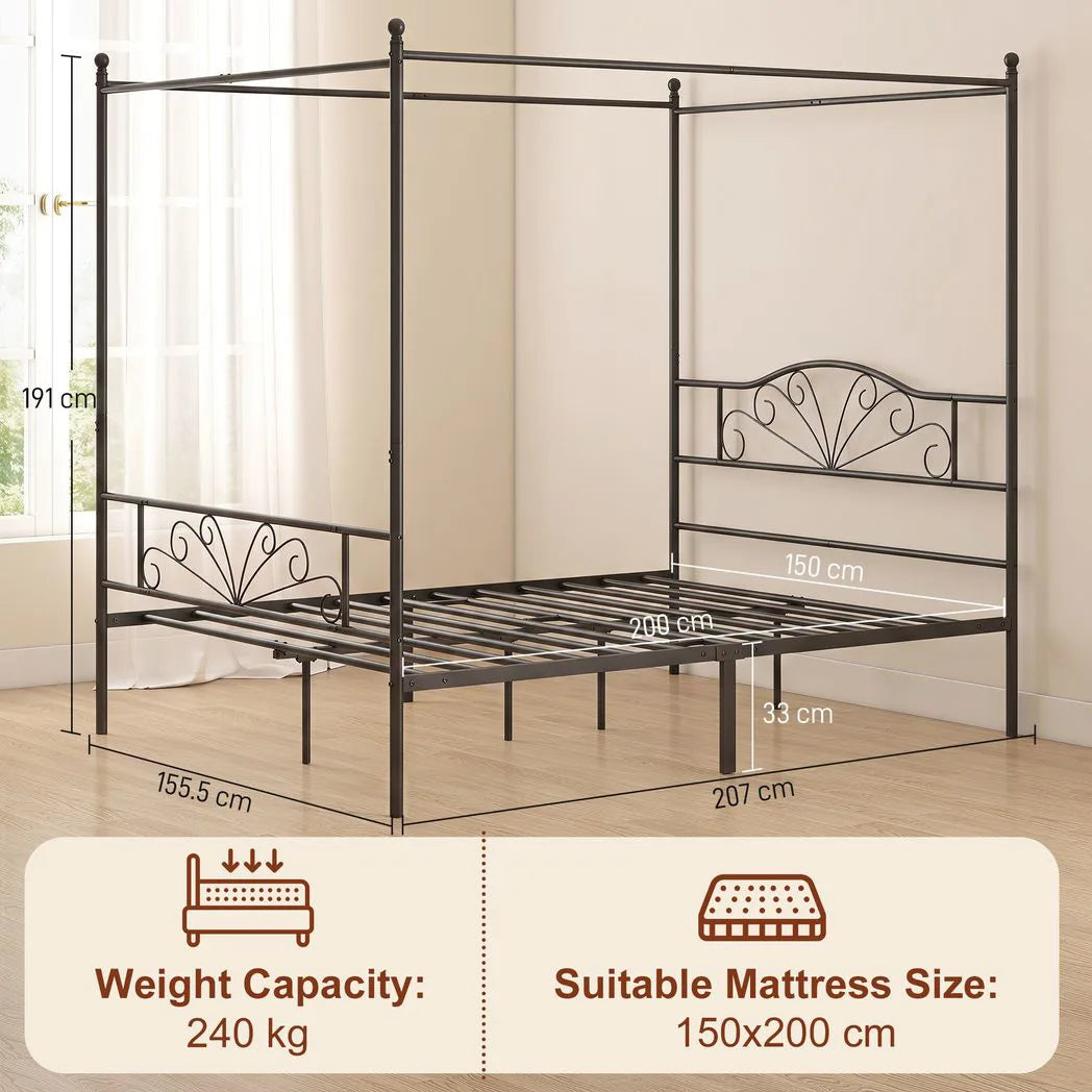 HOMCOM King Size Canopy Bed Frame with Headboard and Footboard – Metal Four-Poster Bed, Black