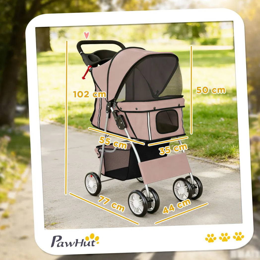 PawHut Foldable Dog Pram with Reflective Strips, 360° Swivel Wheels and Dual Brakes – Pet Stroller, Brown
