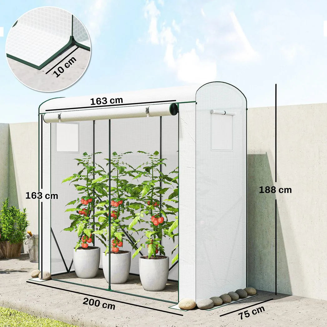 Outsunny Mini Greenhouse with Roll-Up Door & 2 Mesh Windows – Steel Frame, PE Cover, 200 x 75 x 188cm, White