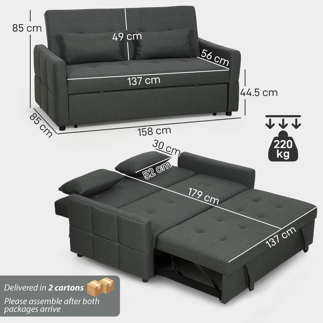 HOMCOM Three-Way Two-Seater Sofa Bed with Click-Clack Reclining Back – Pull-Out Guest Bed, Charcoal Grey