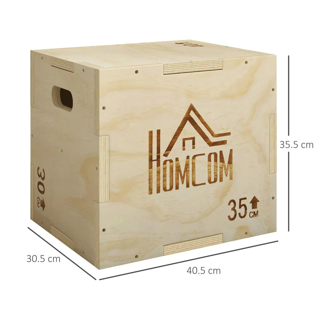 HOMCOM 3-in-1 Wooden Plyo Box with Handle Openings – Plyometric Jump Box for Home Gym, 12" x 14" x 16", Natural
