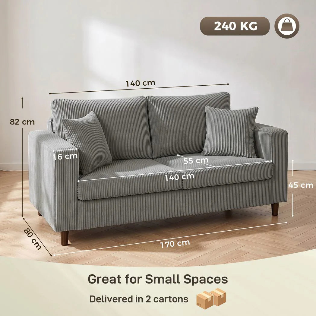 HOMCOM Corduroy 2-Seater Loveseat Sofa with Wide Seat, Spring Cushions and Rubberwood Legs, Light Grey