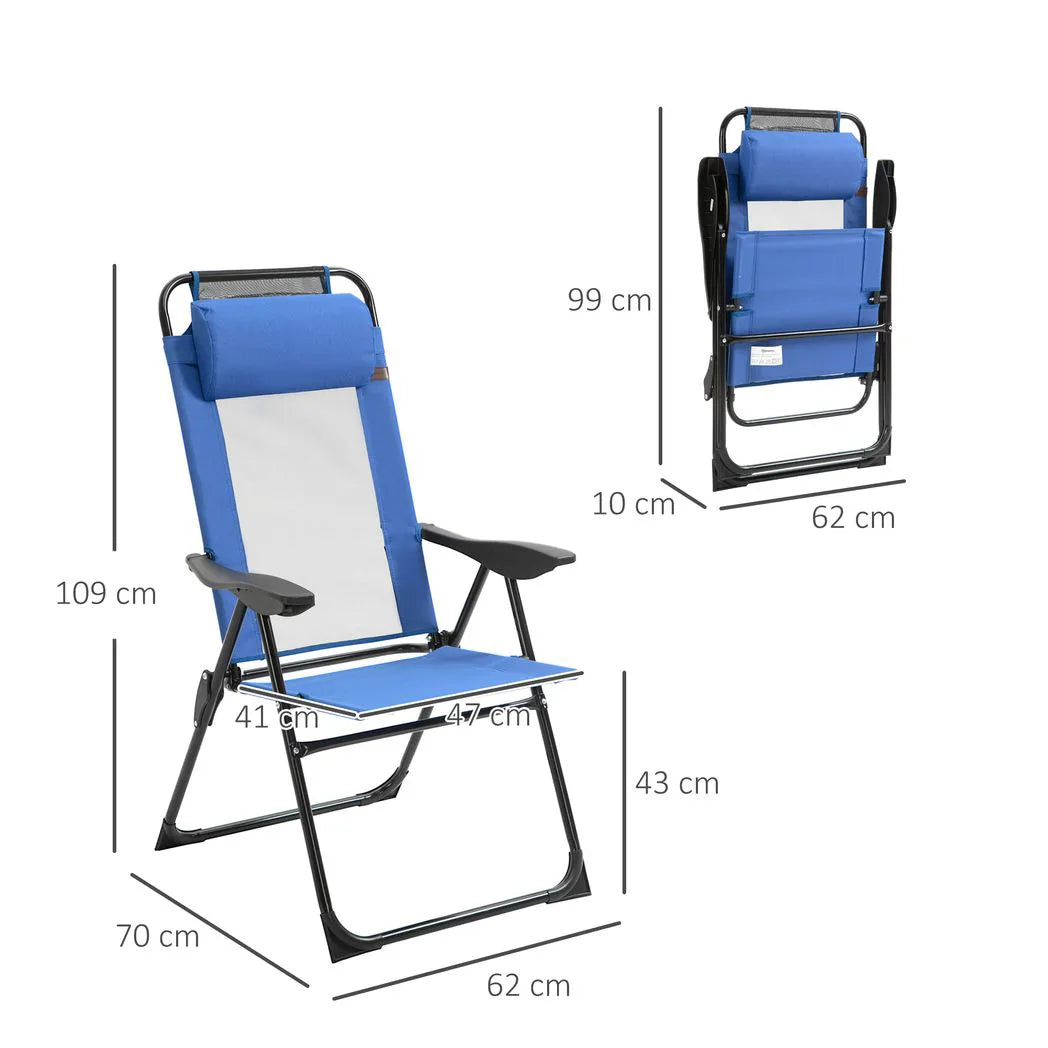 Outsunny Folding Garden Chairs Set of 2 with 5-Position Reclining High Back, Headrests & Texteline Seats – Outdoor Patio Chairs, Blue