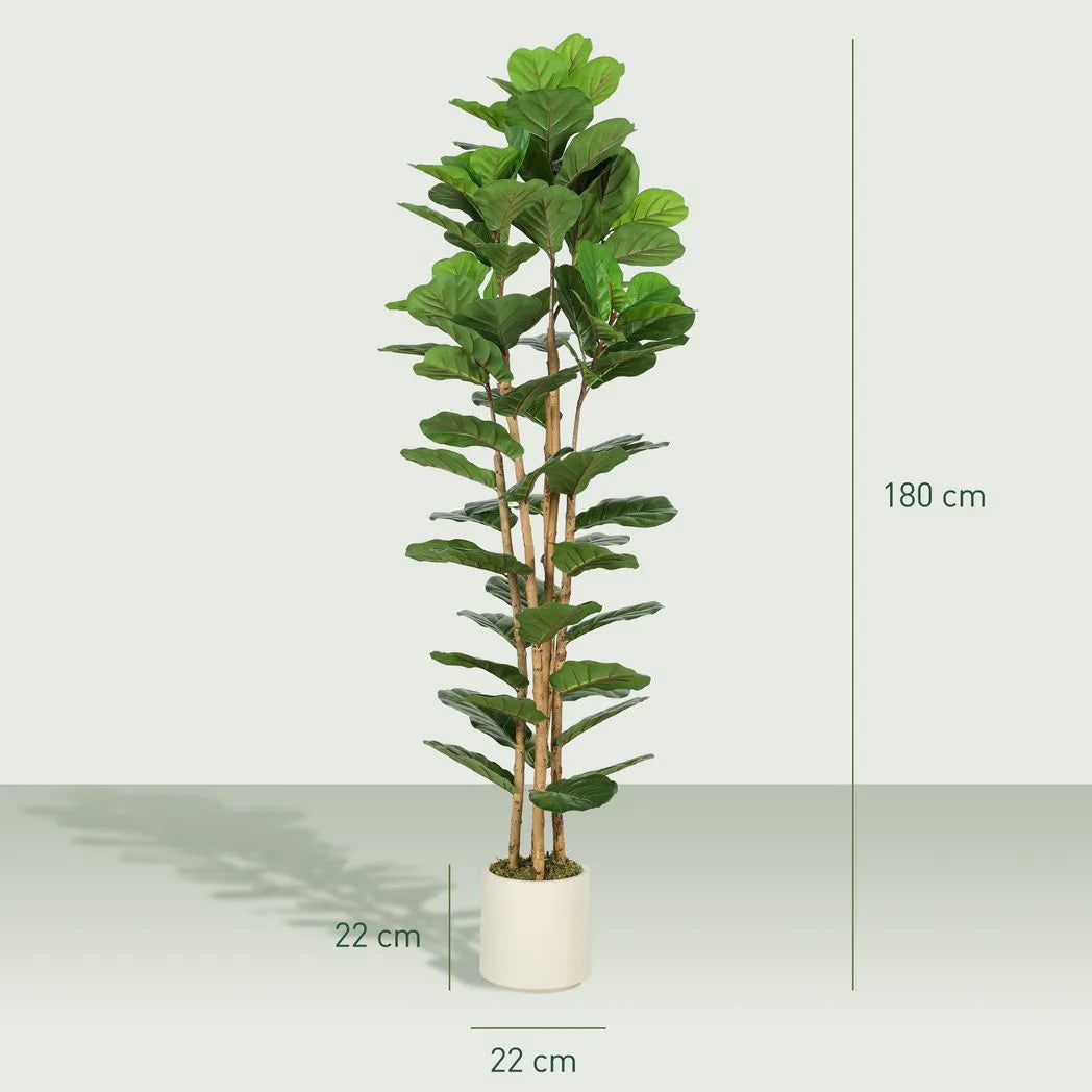 HOMCOM 180cm Artificial Fiddle Leaf Fig Tree in White Pot – Realistic Faux Plant for Home and Office, Green