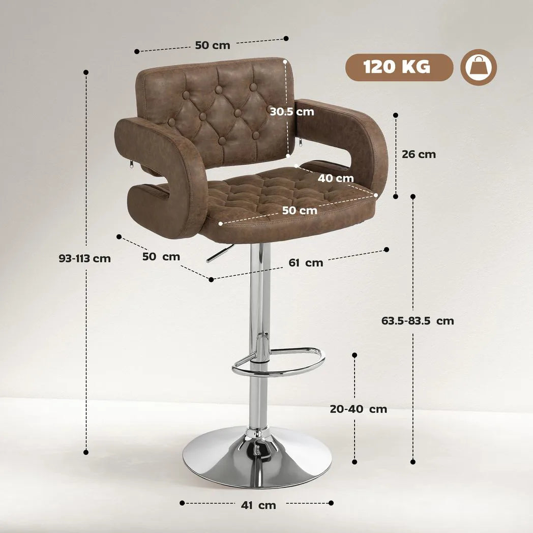 HOMCOM PU Leather Swivel Bar Stool with Back, Armrest and Footrest – Height Adjustable, Coffee