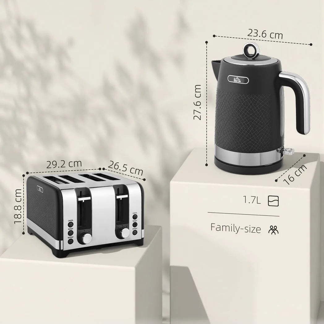 HOMCOM Textured Kettle and 4-Slice Toaster Set, 1.7L 3000W Rapid Boil Kettle – Kitchen Set, Black