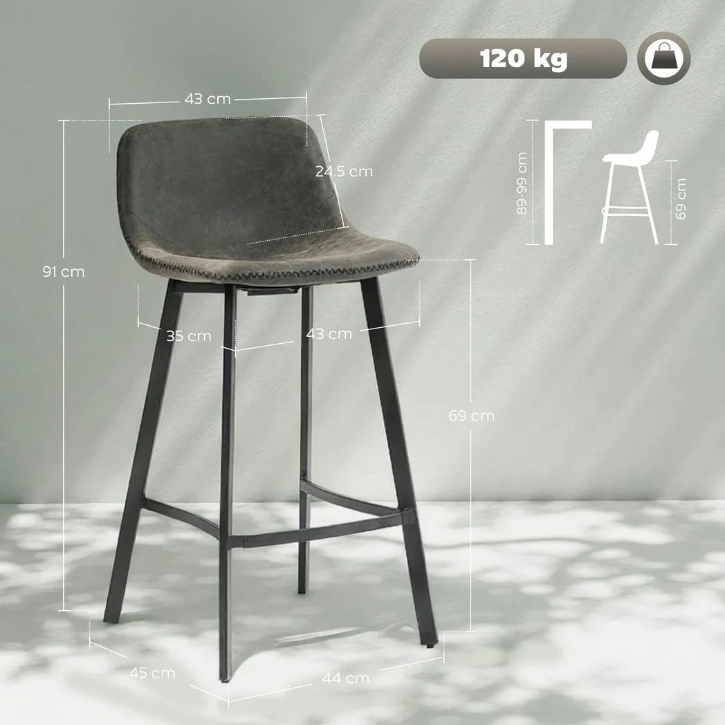 HOMCOM Set of 2 Bar Stools with Backrest & Footrest – PU Leather Kitchen Counter Breakfast Bar Stools, Grey