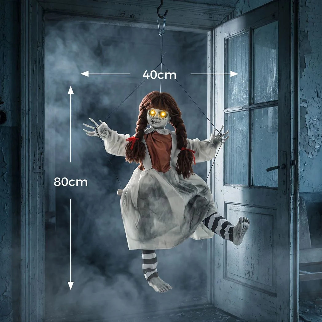 HOMCOM 80 cm Halloween Animated Hanging Creepy Girl on Swing Decoration, Kicking Legs