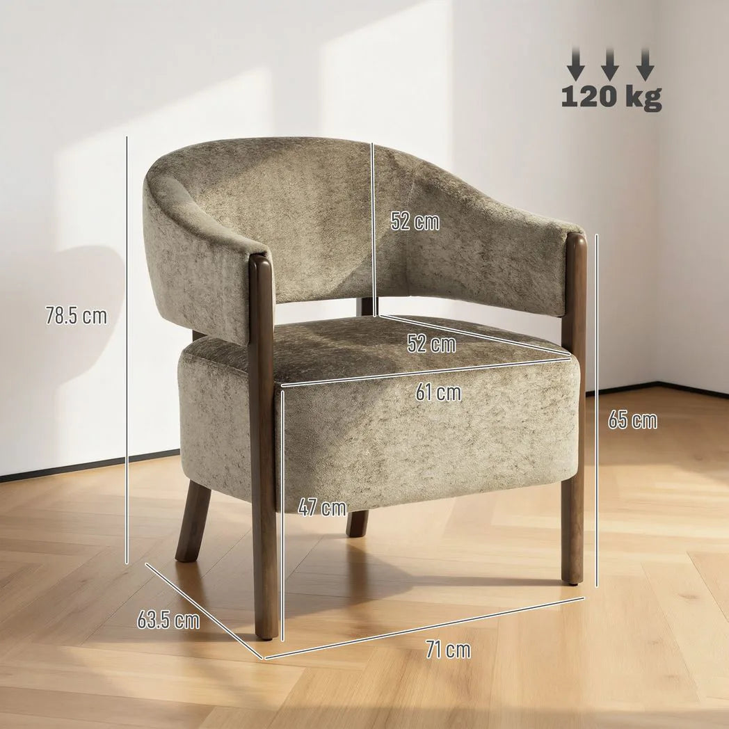HOMCOM Chenille Tub Accent Chair with Curved Backrest and Solid Wood Frame – Light Brown Bedroom Armchair