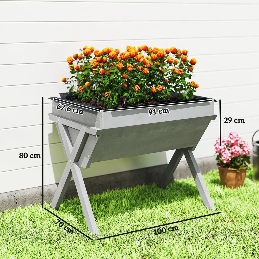 Outsunny Wooden Raised Garden Bed with Legs and Bed Liner – Elevated Fir Wood Planter Box, 178L, Light Grey