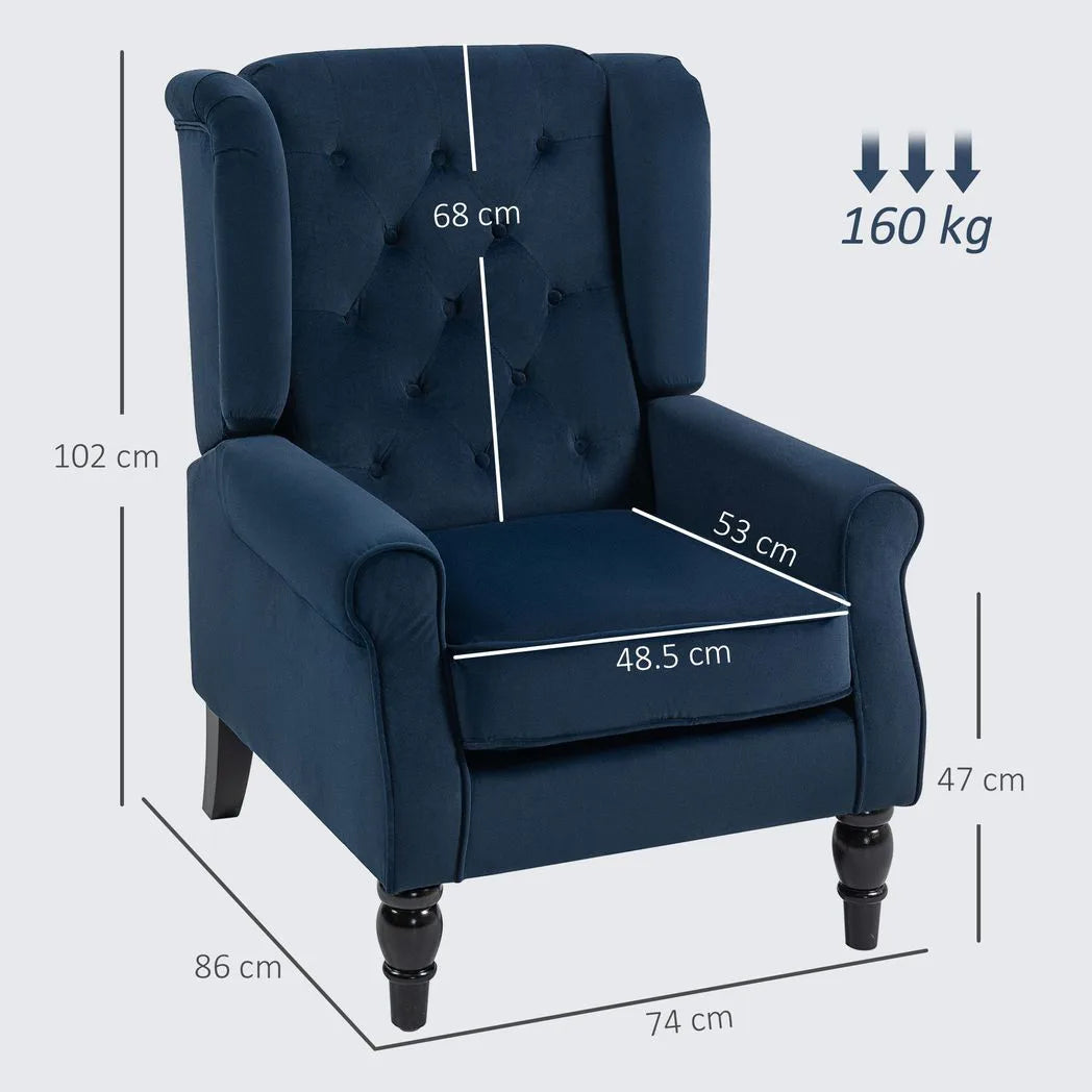HOMCOM Wingback Accent Chair with Button Tufting & Pocket Springs – Retro Armchair for Living Room, Dark Blue