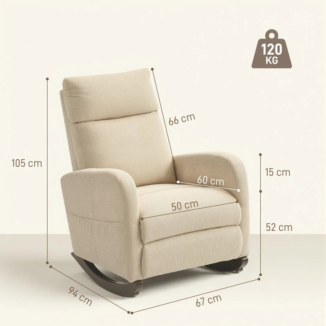 HOMCOM Corduroy Rocking Armchair with Thick Padding, Side Pockets and Rubberwood Feet – Lounge Chair, Beige