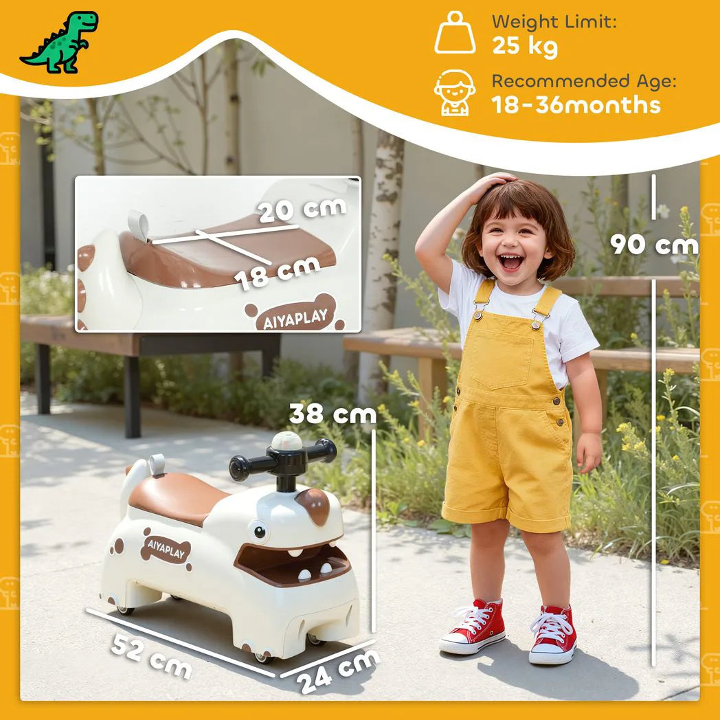 AIYAPLAY Kids Dinosaur Ride On Car with Lights, Sounds and Storage – Foot to Floor Toddler Walker, Cream
