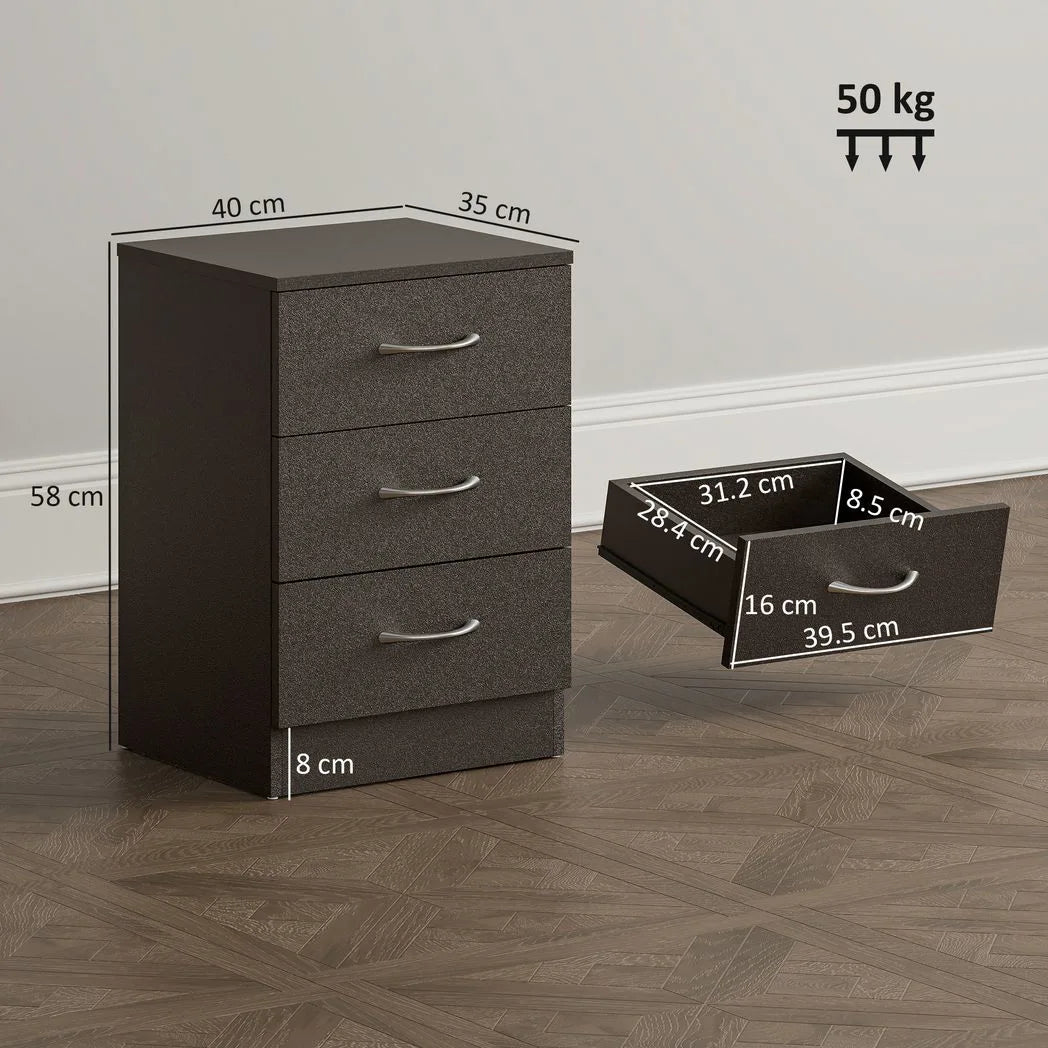 HOMCOM Three-Drawer Bedside Table with Wood-Effect Finish & Non-Slip Feet – Bedroom Nightstand, Black