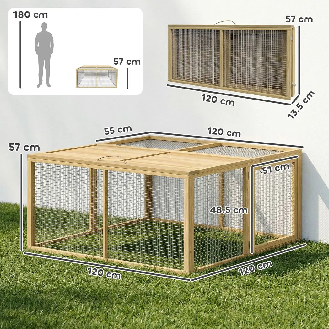 PawHut Wooden Folding Rabbit Hutch for 2–3 Rabbits with Built-In Handle – Outdoor Guinea Pig Run, Natural Wood