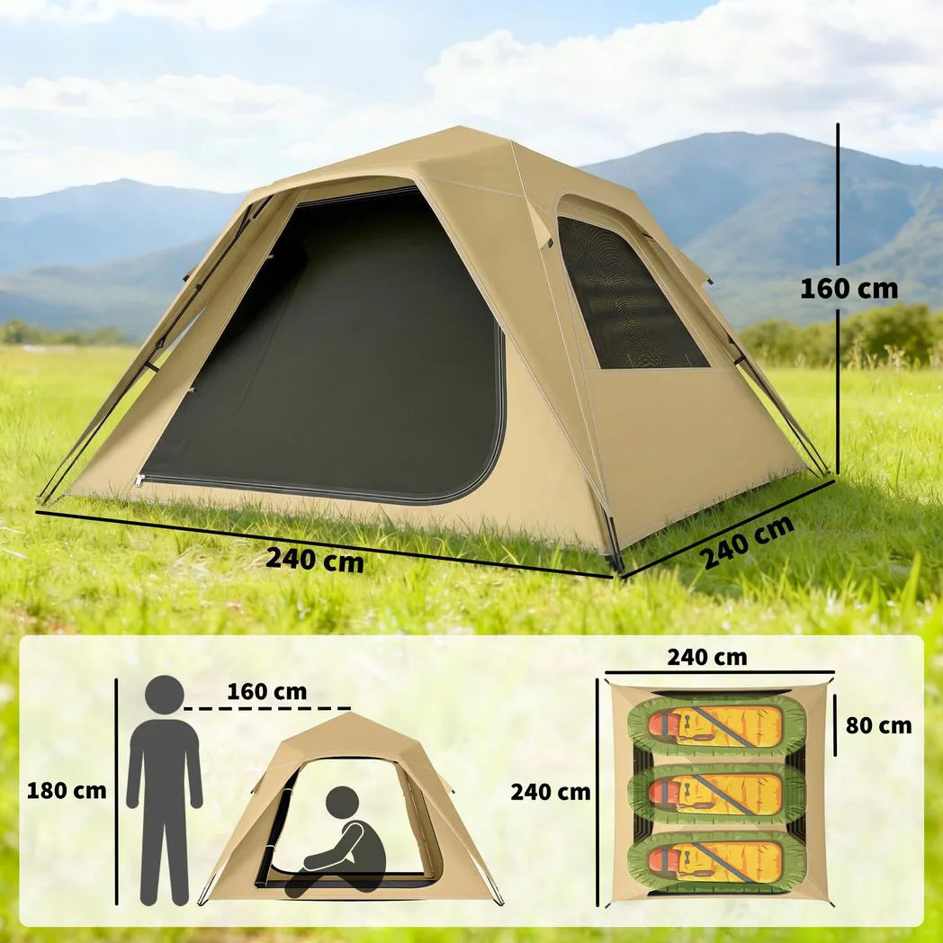 Outsunny 2-3 Person Pop Up Tent with Mesh Windows – 3000mm Waterproof Instant Camping Tent, Khaki