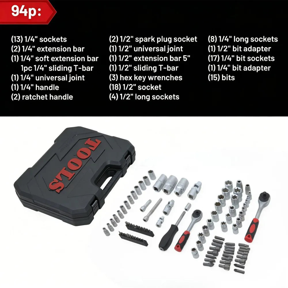 94-Piece Socket Set with 1/2" and 1/4" Drive Ratchets, Bits and Extension Bars – Chrome-Vanadium Kit