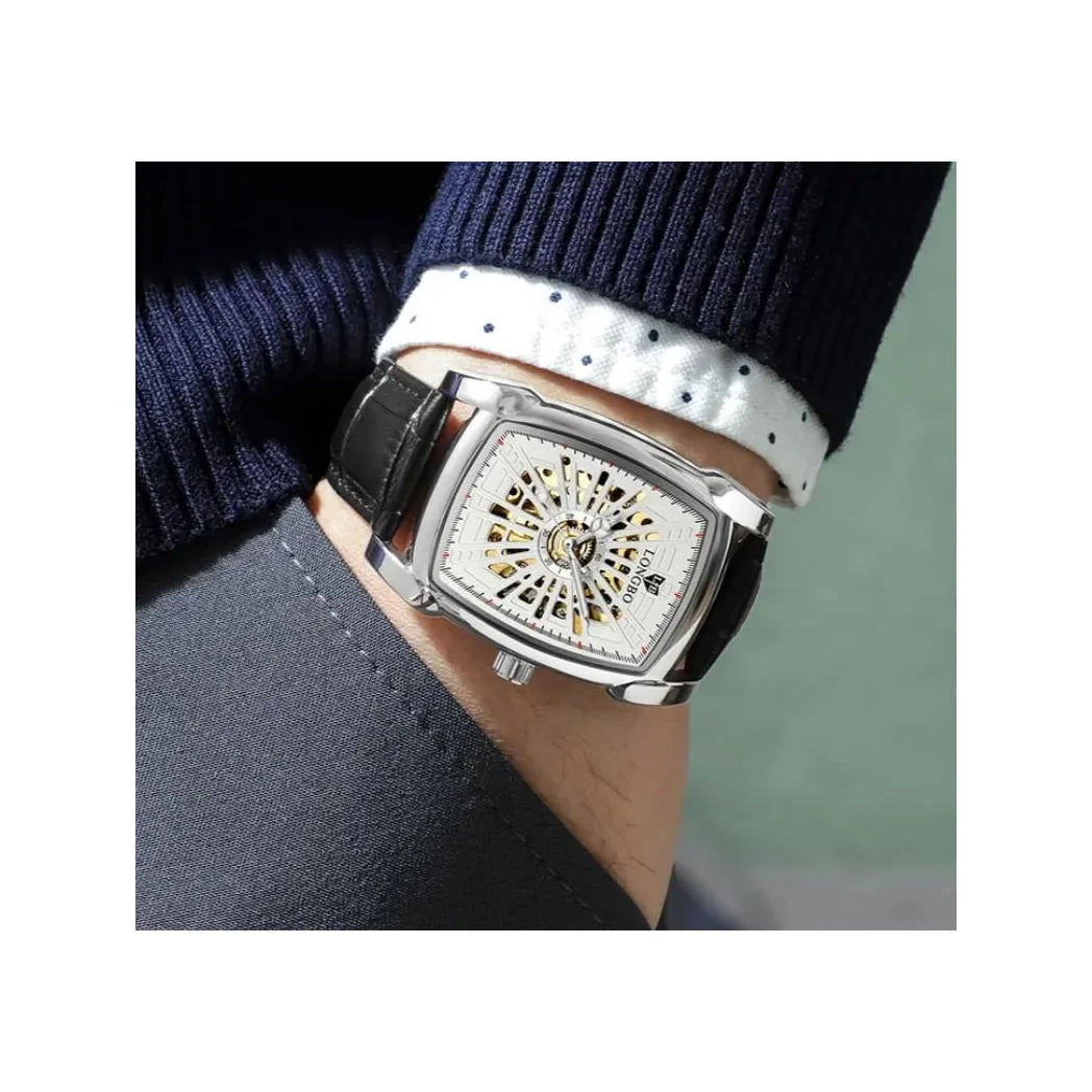 Longbo Mens Automatic Hollow mechanical Dial Analogue Silver/Black Leather Strap Watch