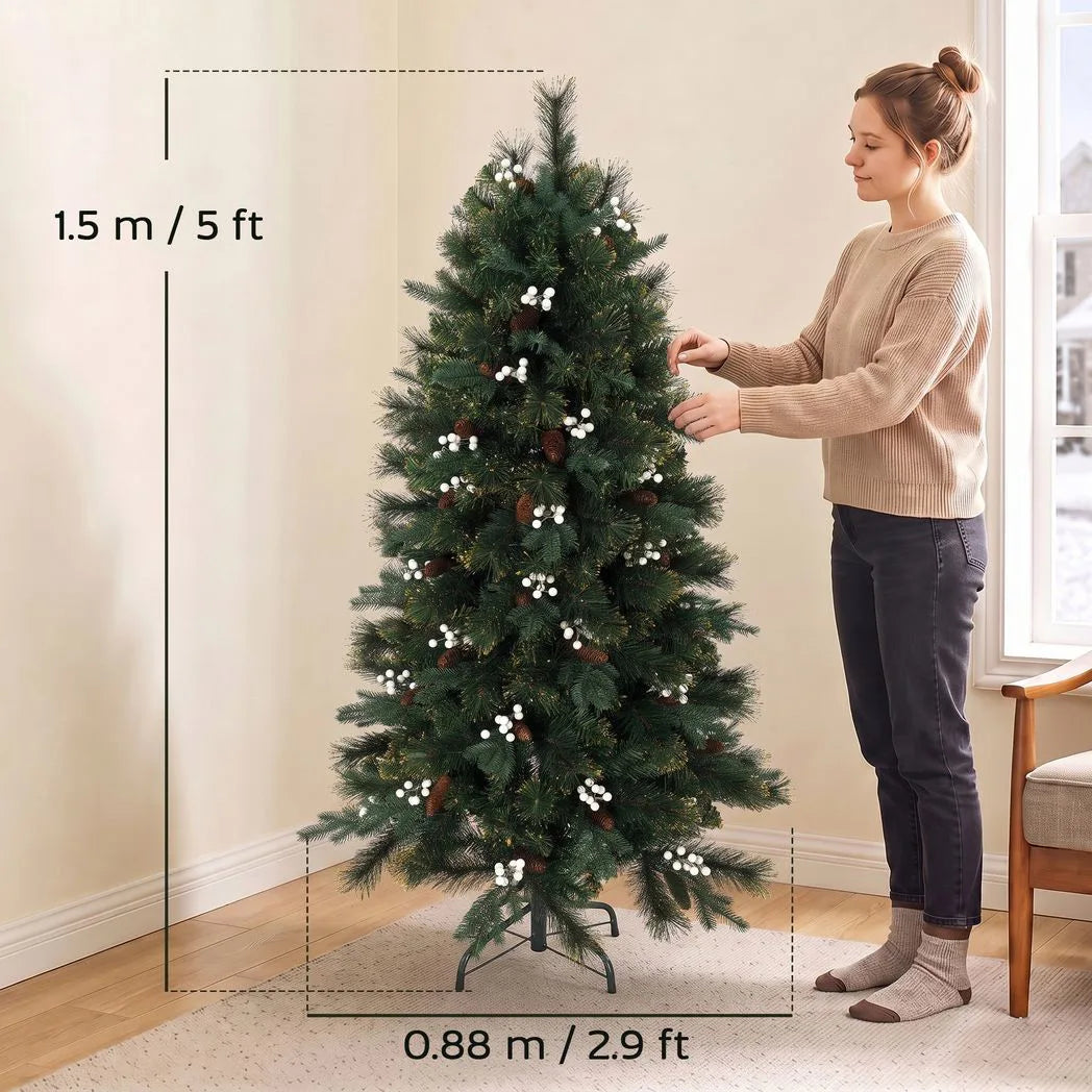 HOMCOM 5ft Pre-Decorated Artificial Christmas Tree – Hinged Fir with 490 Branch Tips, Berries and Foldable Metal Stand, Green