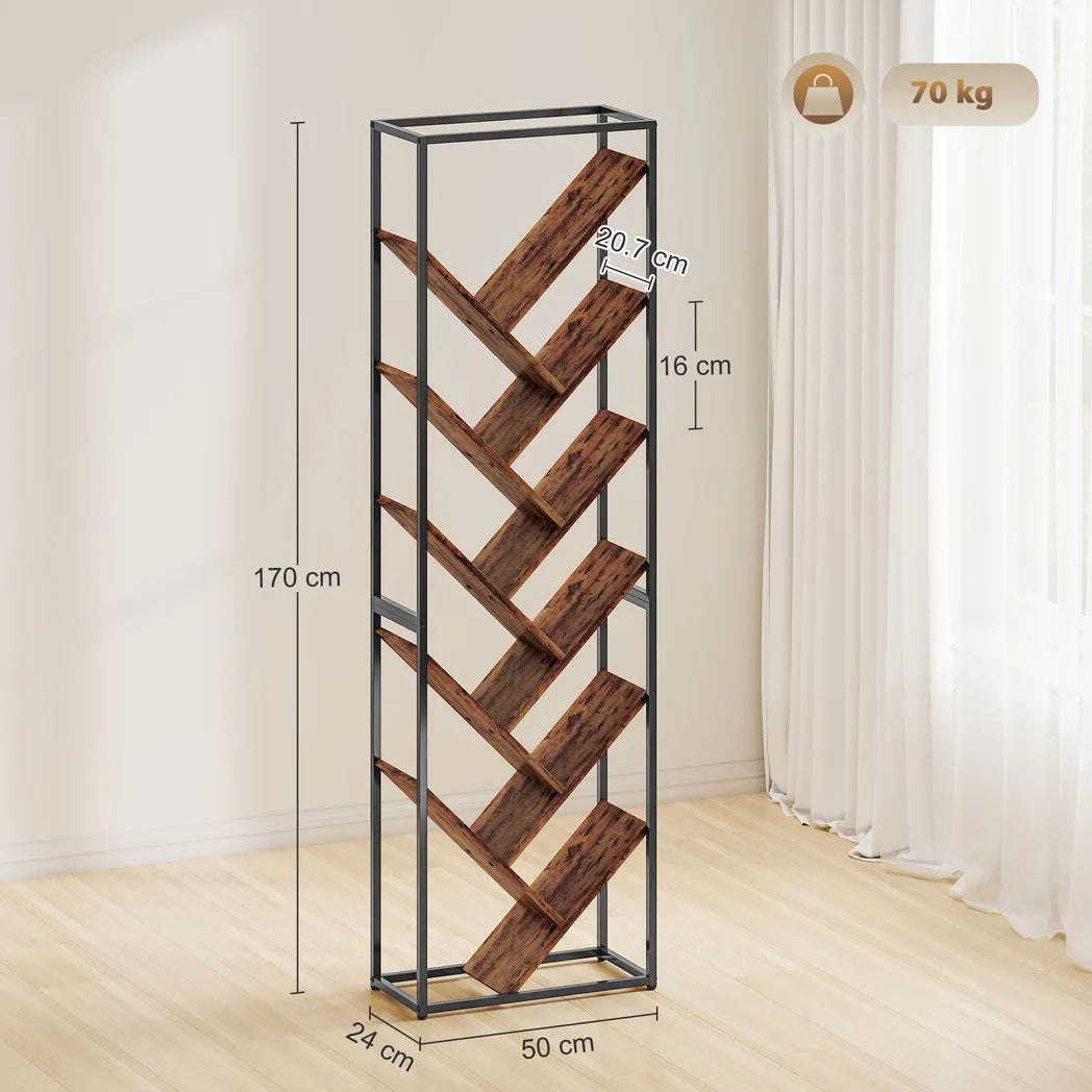HOMCOM 10-Shelf Industrial-Style Tree Bookshelf with Metal Frame and Anti-Tipping Straps – Black/Brown