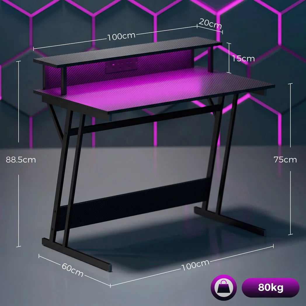 HOMCOM Two-Level LED Gaming Desk with Carbon Fibre Top, Power Outlets & USB Ports – Black Computer Desk