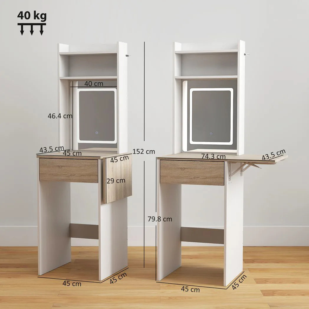 HOMCOM Small Vanity Desk with LED Mirror, Drop Leaf, Open Shelves and Drawer – Compact Dressing Table, White