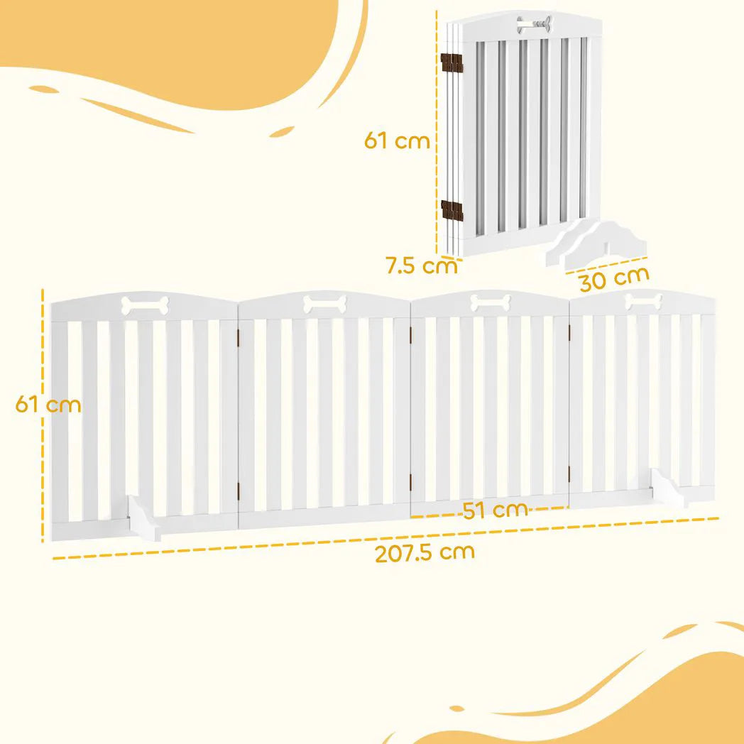 PawHut Wooden Freestanding Dog Gate, 4-Panel Foldable Pet Barrier for Doors and Stairs, 207.5cm, White