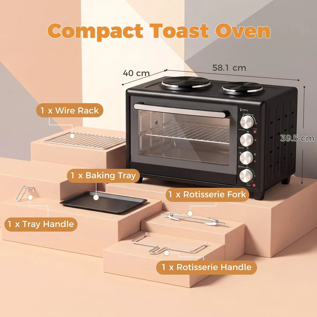 HOMCOM 46L Mini Oven with Dual Hot Plates and Convection – Electric Countertop Cooker with Rotisserie, 90–230°C