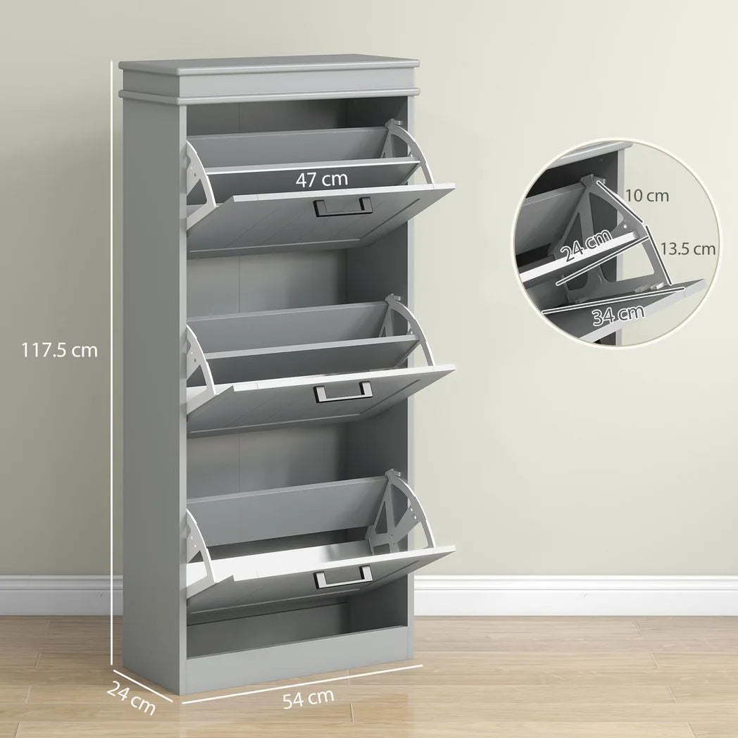 HOMCOM Slim Shoe Cabinet with 3 Flip Drawers, Holds 15 Pairs, 117.5 x 54 x 24 cm – Grey