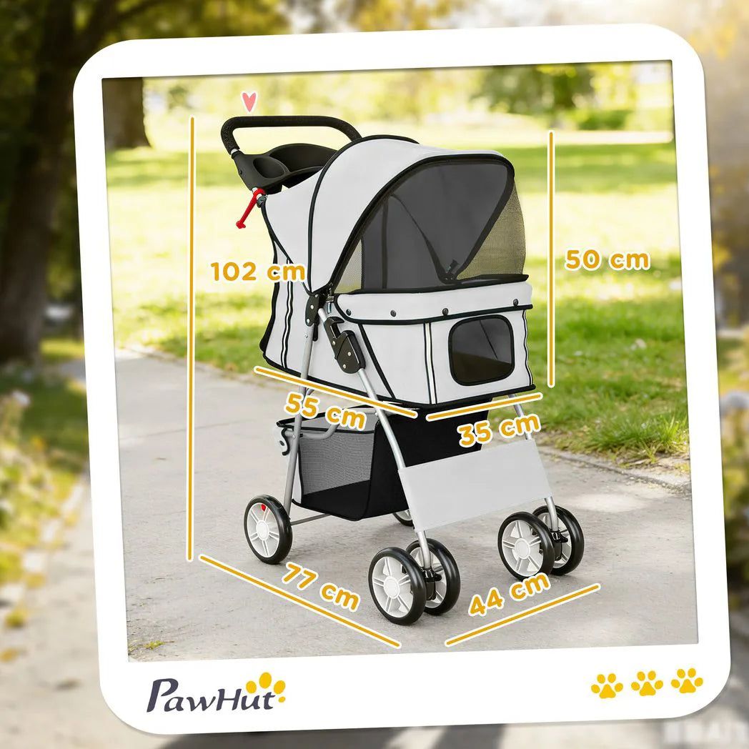 PawHut Dog Pram with Reflective Strips and 360° Swivel Wheels – Foldable Pet Stroller, Grey
