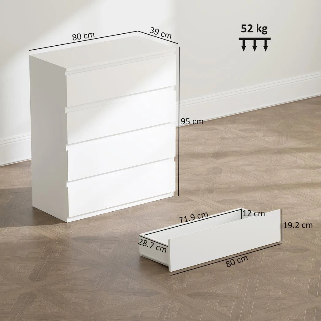 HOMCOM Chest of 4 Drawers with Anti-Tipping Hardware – Classic Bedroom Storage Unit, White