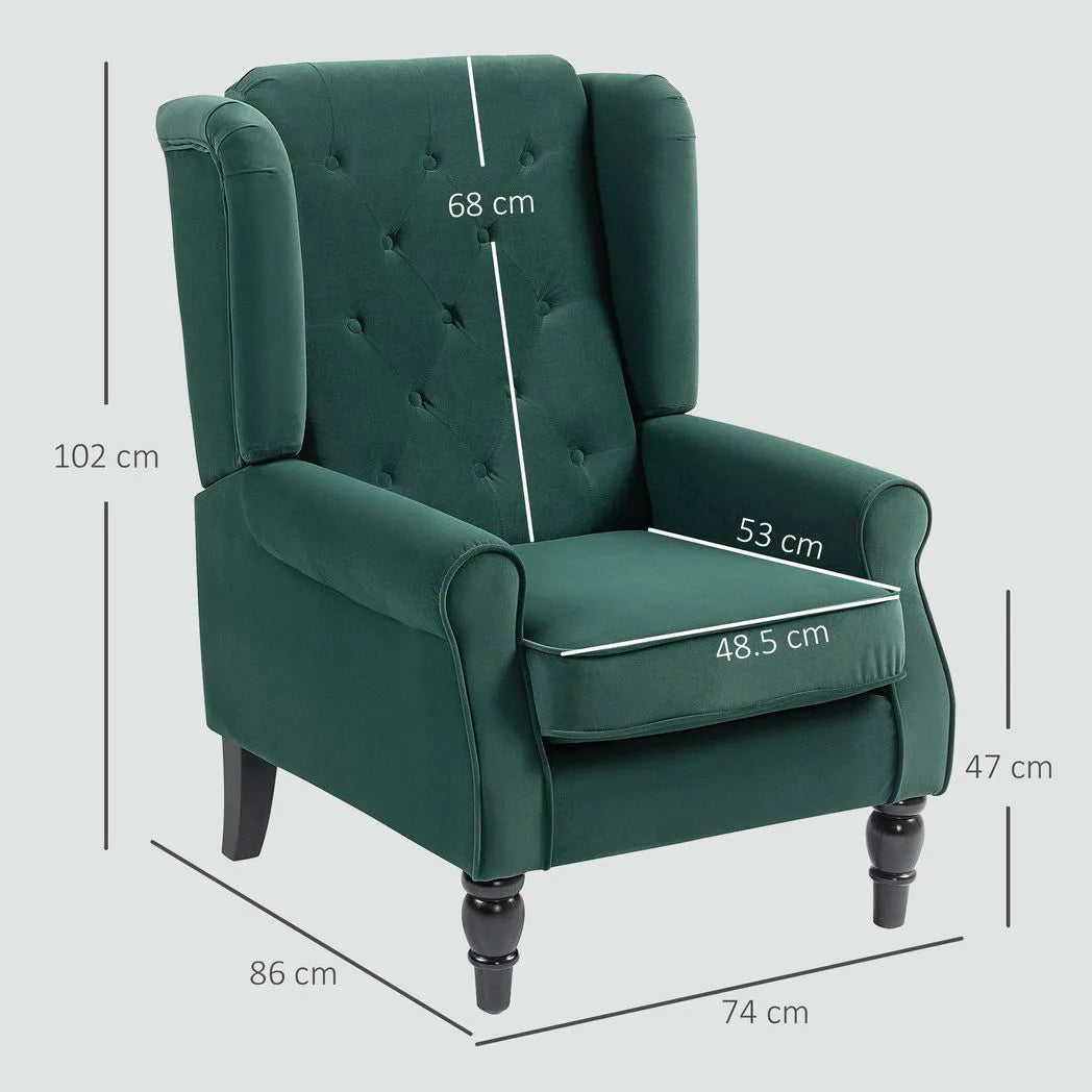 HOMCOM Wingback Accent Chair with Button Tufted Flannel Fabric & Pocket Springs – Retro Armchair, Green