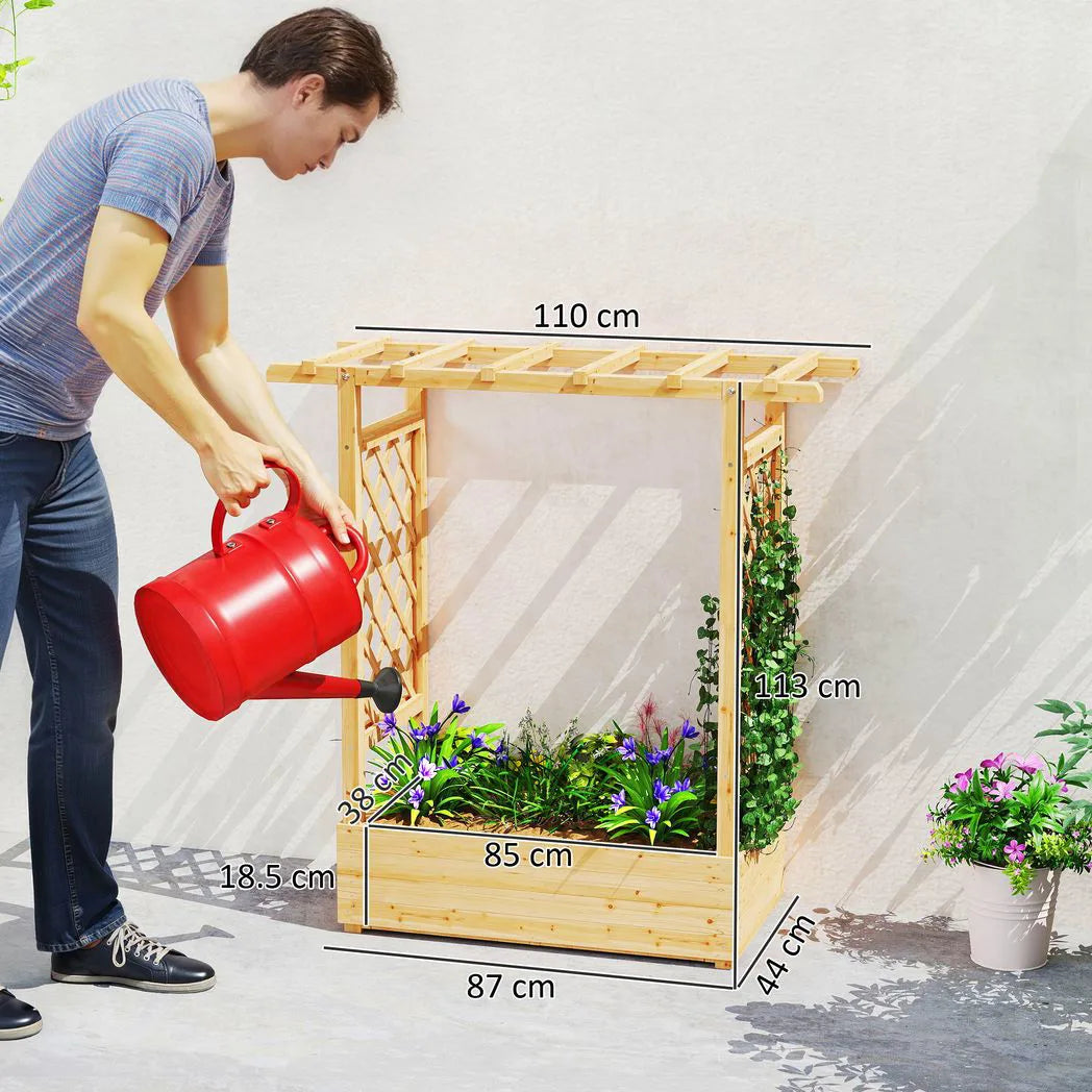Outsunny Wooden Garden Planter with Trellis, Hanging Roof and Drainage Holes – Raised Bed, 110 cm, Natural