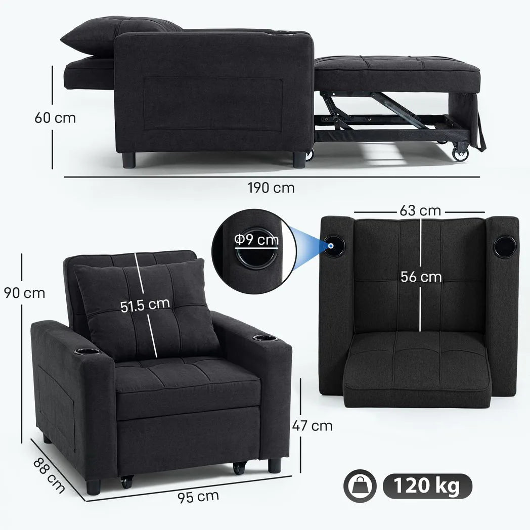 HOMCOM 3-in-1 Single Sofa Bed with Three-Level Back, Cup Holders and Pillow – Convertible Sleeper Chair Bed, Black