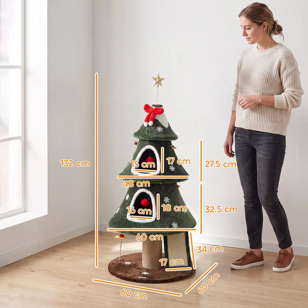 PawHut Christmas Cat Tree with Dual Condos, Sisal Ladder & Anti-Tip Rope – 132 cm Festive Cat Tower